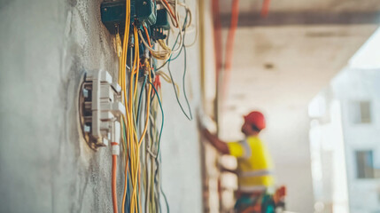 A construction site with workers installing electrical wiring in the walls of a commercial building.