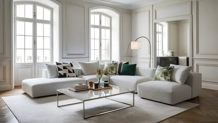 Charming Living Room with Colorful Artwork, Sectional Sofa, and Large Windows