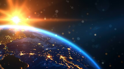 A breathtaking view of a sunrise illuminating Earth, showcasing city lights against a backdrop of stars and space.