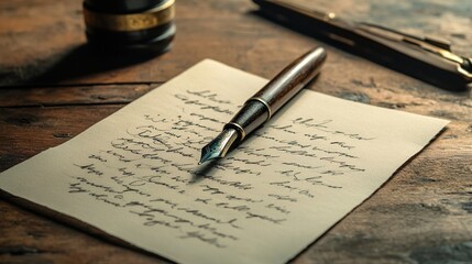 Elegant Vintage Pen and Handwritten Letter on Wooden Desk