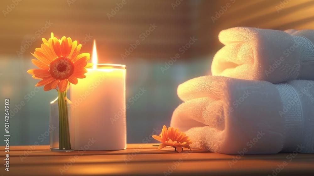 Sticker Relax in this cozy bathroom adorned with flowers, a warm candle glow, and soft towels on rustic wood.