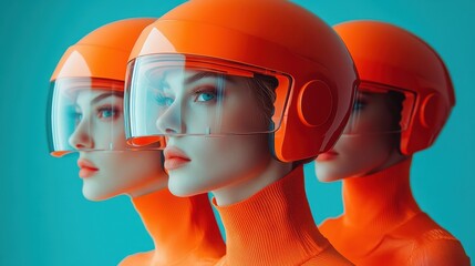 Three futuristic women donned in orange helmets and visors stand against a calming blue background, capturing a surreal blend of technology and fashion.