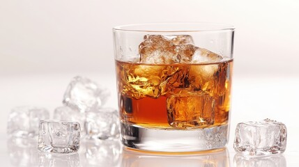 A glass of amber liquid with ice cubes, isolated on white.