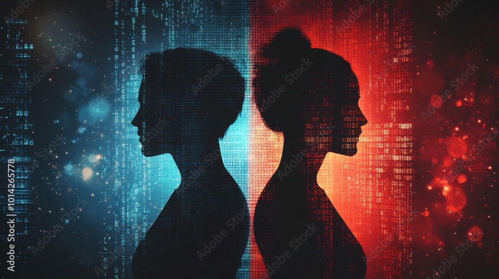 Wall mural silhouette of a man and woman in profile, set against a digital code background with blue and red co