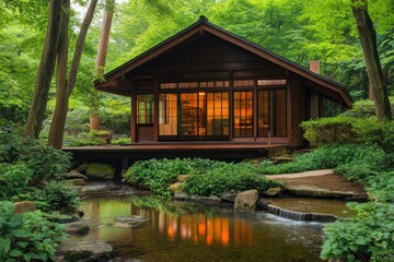 Fototapeta premium Tranquil Cabin by a Stream