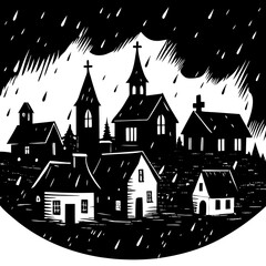 Salem village on a rainy dark night