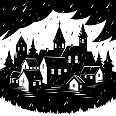 Salem village on a rainy dark night