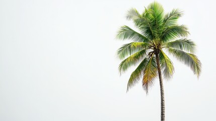 Obraz premium A solitary coconut palm tree against a white backdrop, with lush tropical leaves.