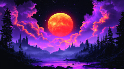 A giant red moon hangs over a mystical landscape, casting an ethereal glow.