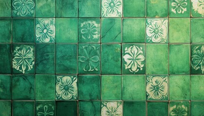 Green tile wall with a floral design.