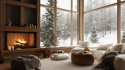 Cozy Winter Cabin Retreat Cozy living room interior featuring a fireplace, wooden furniture, and a large window with soft curtains, creating a warm and inviting atmosphere