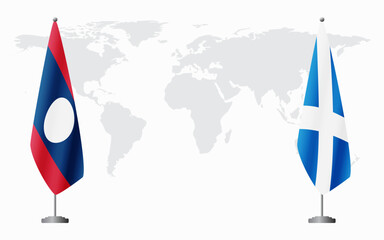 Laos and Scotland flags for official meeting against background of world map.