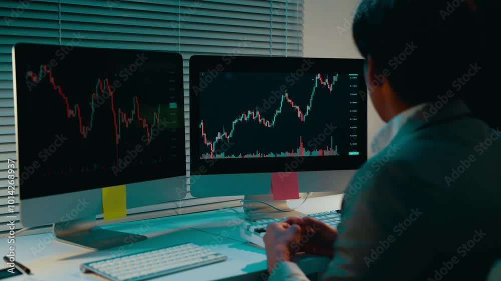 Poster Two financial analysts working late, analyzing data displayed on computer monitors. They are discussing stock market trends and investment strategies