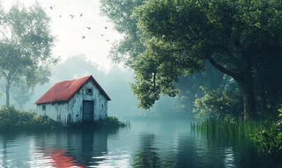 Fototapeta premium A small white house with a red roof stands alone in a misty lake surrounded by trees.
