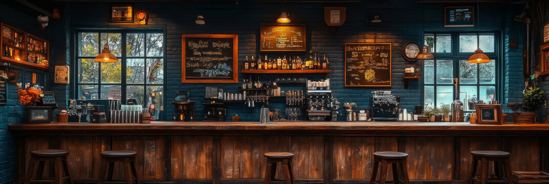 Empty bar with wooden counter and stools.