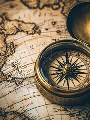 An antique brass compass lies atop a weathered map, stirring memories of daring journeys and bygone explorers.