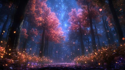 Fototapeta premium enchanted autumn forest at night towering trees with vibrant fall foliage illuminated by soft moonlight mystical atmosphere with hints of mist and twinkling starlight