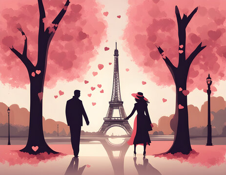 A loving couple walks in the park against the background 