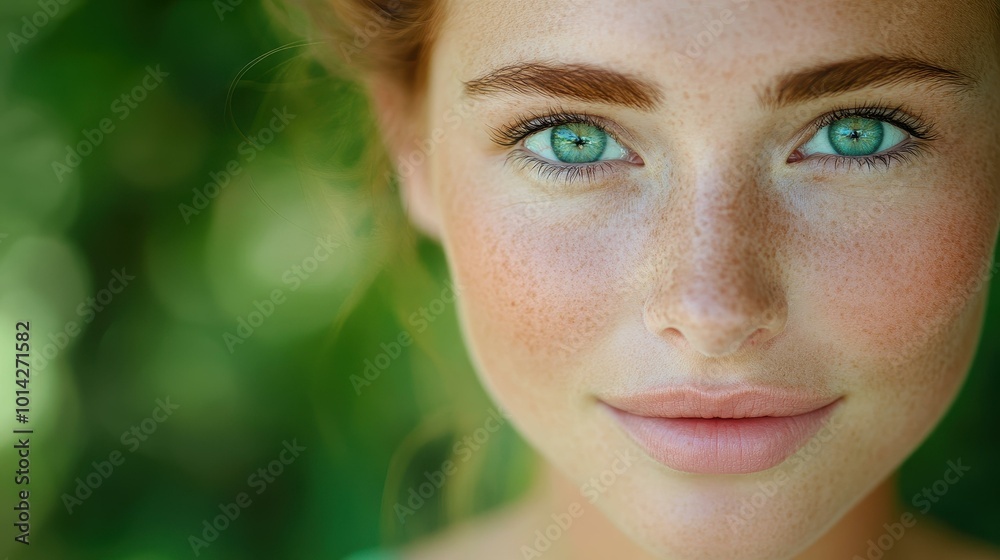 Poster a stunning woman with flawless skin in focus, set against a soft, blurred backdrop for an elegant to