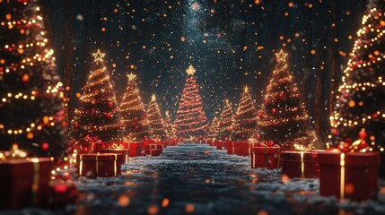 lluminated christmas trees with red and golden garlands into a forest with snowy flakes with shape of stars close to xmas gifts in red boxes , Generative AI illustration