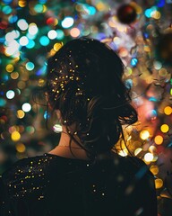 Portrait of a beautiful young woman in a black dress on the background of the Christmas celebration.