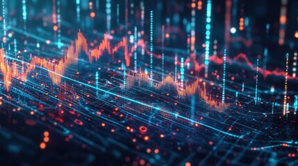Obraz premium Abstract digital data visualization with lines, dots and glowing colors on dark background.