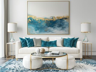 Modern Living Room Interior Design with a Gold and Teal Abstract Artwork