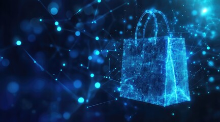 A digital shopping bag made of glowing lines and dots on a blue background with a blurred bokeh effect.