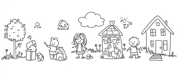 Fototapeta premium A set of simple doodle line art drawings, depicting a school and children playing in the playground with toys like a teddy bear on a sunny spring day, a house made from blocks or wood