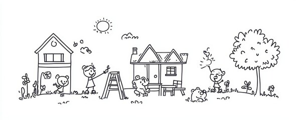 Naklejka premium A set of simple doodle line art drawings, depicting a school and children playing in the playground with toys like a teddy bear on a sunny spring day, a house made from blocks or wood