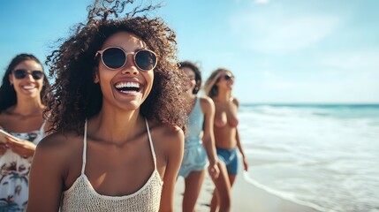 Fototapeta premium A Happy Young Woman with Curly Hair Walking on the Beach