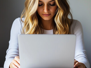 Naklejka premium a business woman working on her laptop in a minimalist office space