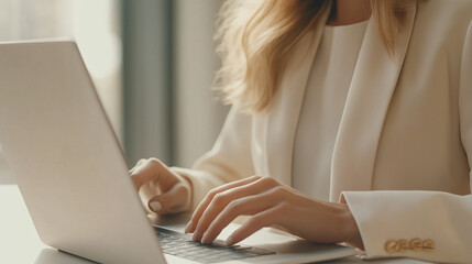 Naklejka premium a business woman working on her laptop in a minimalist office space