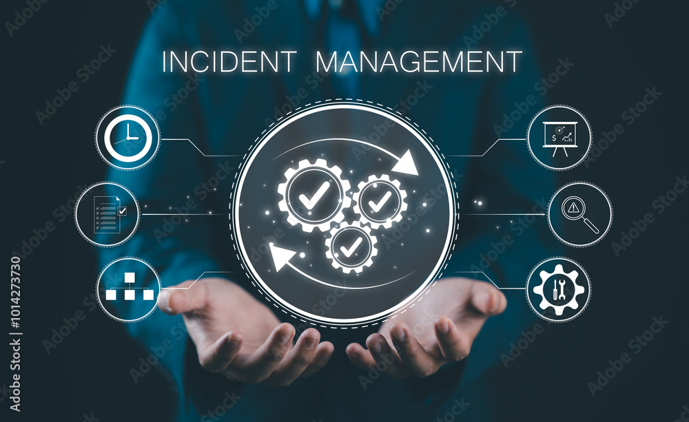 Aufkleber Incident Management and Resolving Unexpected Problems. A person holding incident management icons, risk assessment, data analysis, and problem resolution. approach to managing unexpected issues.
