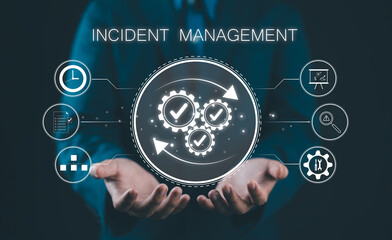 Incident Management and Resolving Unexpected Problems. A person holding incident management icons, risk assessment, data analysis, and problem resolution. approach to managing unexpected issues.