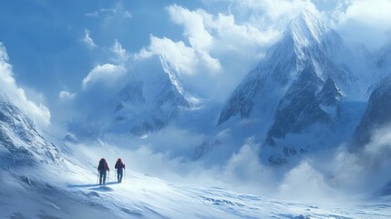 Hikers in winter on a glacier in the mountains on a partly cloudy day
