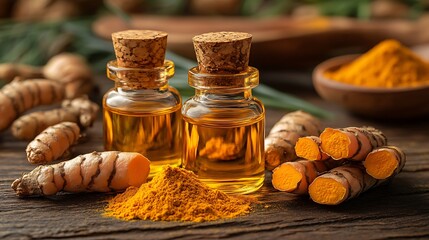 Tumeric powder ( curcumin, curcuma longa Linn) bottle of turmeric essential oil extracted