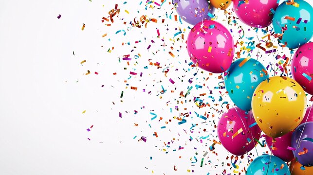 Vibrant celebration poster mockup showcasing festive balloons, confetti, and streamers against a clean white backdrop for effortless customization.