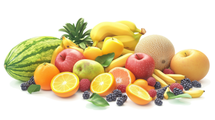 Vibrant pile of fresh fruit on transparent background. Stock style. High res. Exotic elements. Realistic.