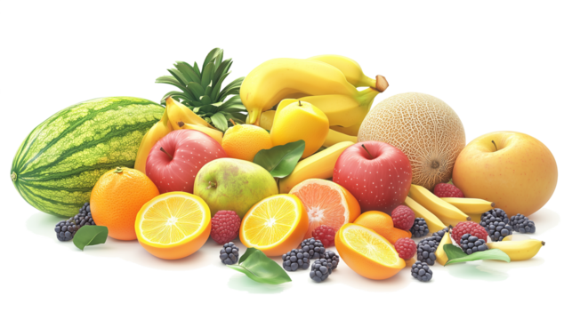 Vibrant pile of fresh fruit on transparent background. Stock style. High res. Exotic elements. Realistic.