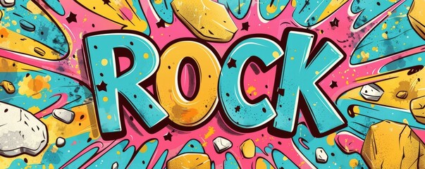 Playful pop art background with "ROCK" text. Dynamic visuals, Bold graphics, Colorful vector