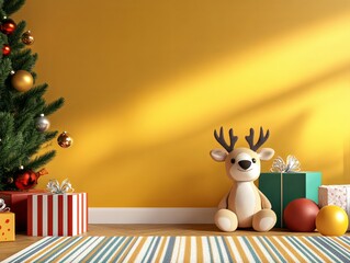 Cozy holiday scene with a plush reindeer and festive decor