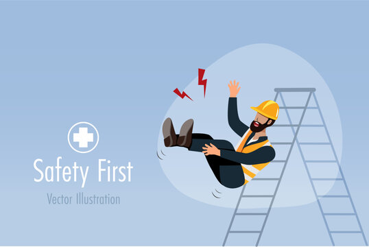 Industrial worker falling from ladder. Safety first, careless and accident at construction site concept. Vector 