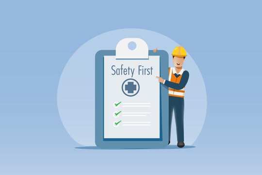 Construction worker points at safety first check list board. Safety first warning and awareness to prevent from accident at construction site. Vector.