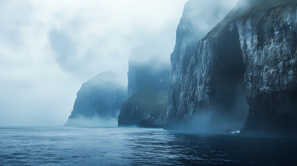 Dramatic coastal cliffs under a foggy sky. Windy Cliffs. Illustration