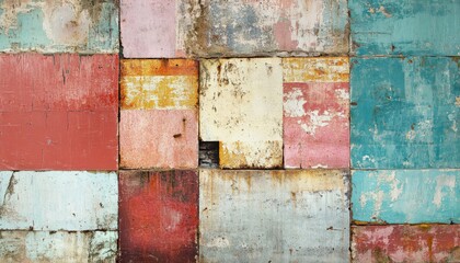 A colorful wall made up of wooden panels with various colors and textures.