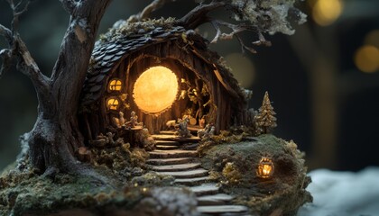 A miniature fairy tale cottage with a glowing moon in the doorway, surrounded by a mossy woodland.