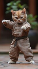 A cat sporting a coat and tie poses in a martial arts stance in professional studio photography