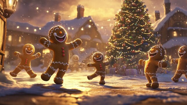 Five gingerbread men dancing in a snowy village square with a decorated Christmas tree and snow falling.