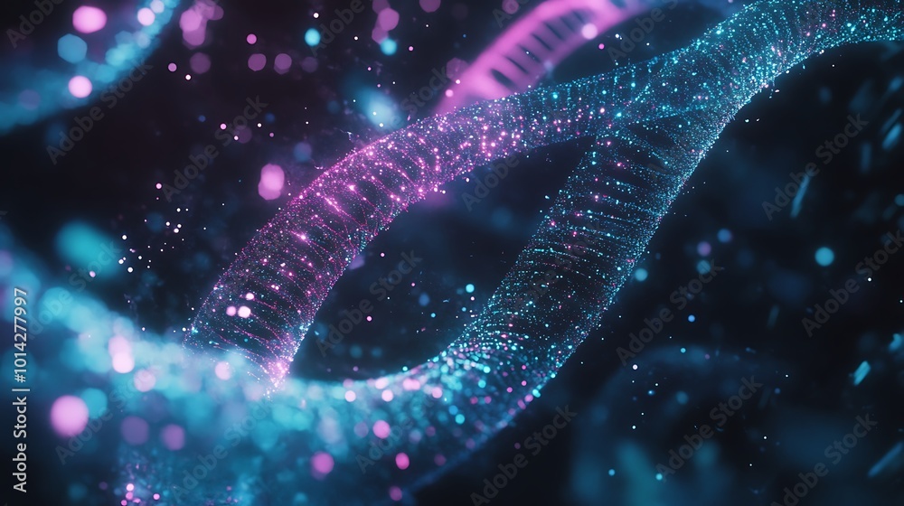 Poster abstract glowing blue and pink helix structure on a dark background.